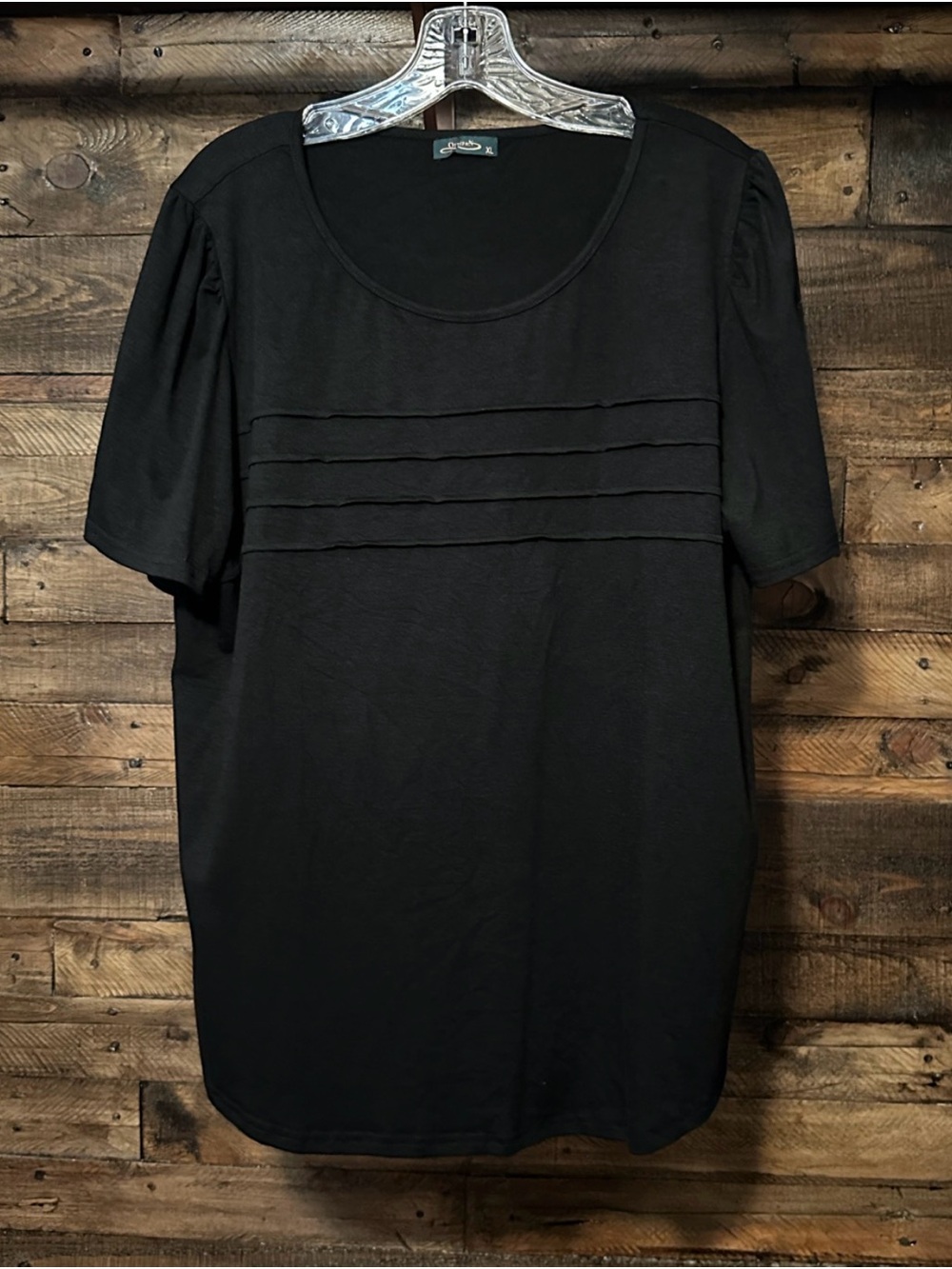 OFEEFAN Black Pleated Front Short Sleeve Tunic Blouse Top